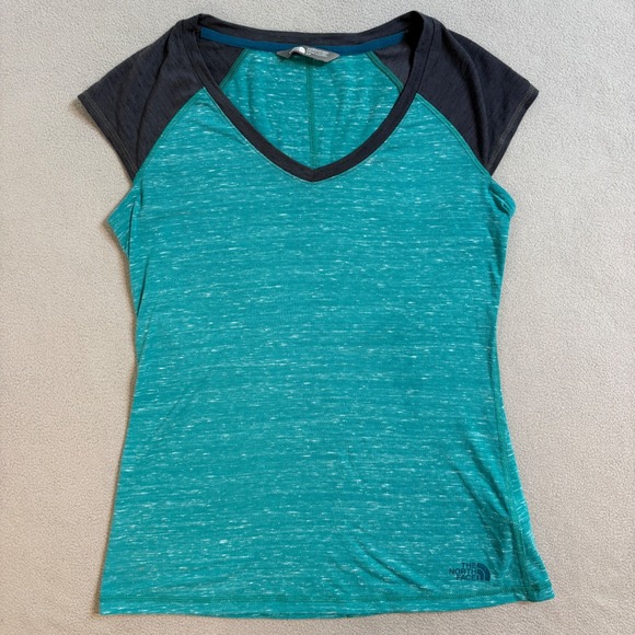 The North Face Womens small V Neck Short Sleeve Marled Teal Gray Raglan T Shirt - Picture 3 of 9